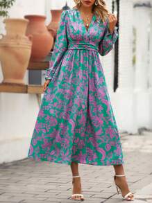 SHEIN LUNE 花卉印花荷叶边袖和收腰细节连衣裙 - 彩色 - 查看 1