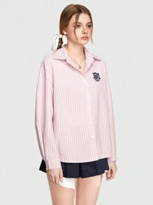 ROMWE Avant 女式粉紅條紋寬鬆字母刺繡襯衫 - 粉色 - 查看 4