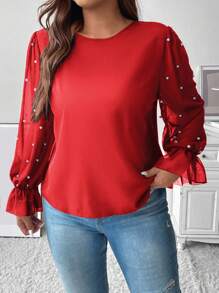 Celure Plus Size Women's Lotus Leaf Sleeve Shirt With Faux Pearl Decor - Red - View 3