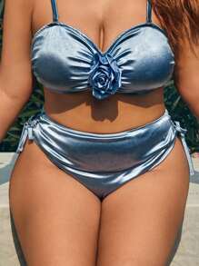 SHEIN Swim Curve 大码女式高腰比基尼泳裤，带可调节肩带，夏季 - 藏蓝色 - 查看 1