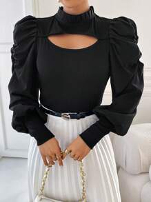 SHEIN Privé Women'S Hollow Out Front Puff Sleeve Exaggerated Sleeve Long Sleeve Bodysuit - Black - View 4