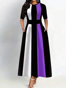 女士圓領短袖復古色塊連衣裙,春夏季節適用 - 紫色 - 查看 1