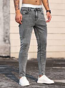 Manfinity Homme Men Cotton Solid Slant Pocket Skinny Jeans - Grey - View 7