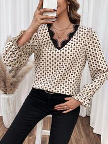 SHEIN Frenchy Printed Geometric Lace Splicing Ruffled Sleeve Blouse - Apricot - View 6