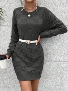 SHEIN Essnce 純色蝙蝠袖毛衣連身裙 - 深灰色 - 查看 5