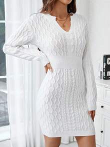 SHEIN LUNE 有缐針織毛衣裙，配有表領和貼身剪裁 - 米色 - 查看 5