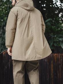 男士復古質感中長設計加厚棉墊連帽大衣 - 卡其色 - 查看 2