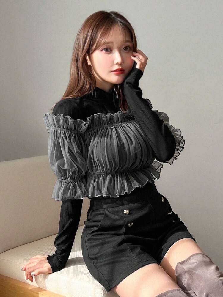 Women's Contrast Mesh Ruffle Hem 2 In 1 T-Shirt Long Sleeve Women Tops