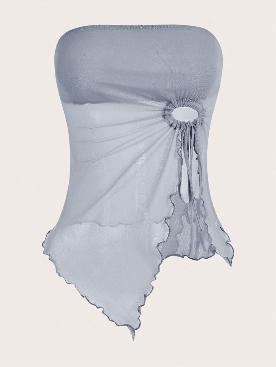 SHEIN ICON Top De Malla Con Detalle De Cordón En La Parte Superior Del Borde Y Con Ribete De Lechuga - Neblina azul - Ver 1