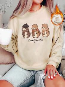 SHEIN Essnce 卡通字母印花保暖衬里运动衫 - 杏色 - 查看 1