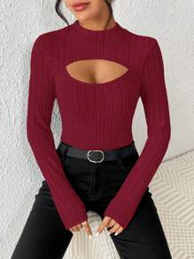 SHEIN Privé Stand Collar Hollow Out Front Long Sleeve T-Shirt - Red - View 3