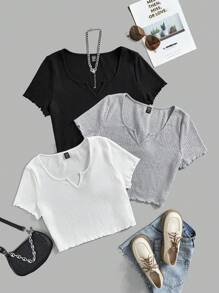 SHEIN EZwear 3 Pcs/Set Plus Size Women's Short Sleeve T-Shirt - Black and White - View 1