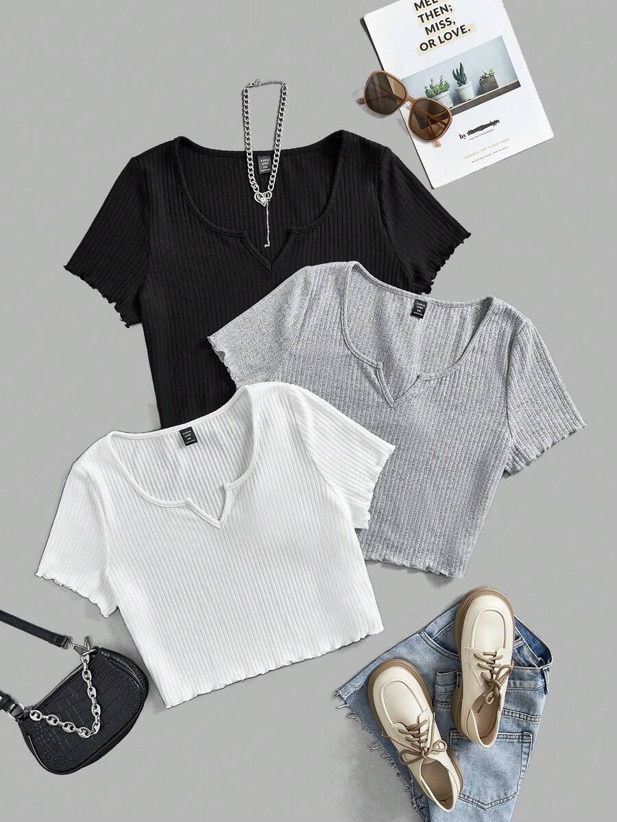 SHEIN EZwear 3 Pcs/Set Plus Size Women's Short Sleeve T-Shirt - Black and White - View 1