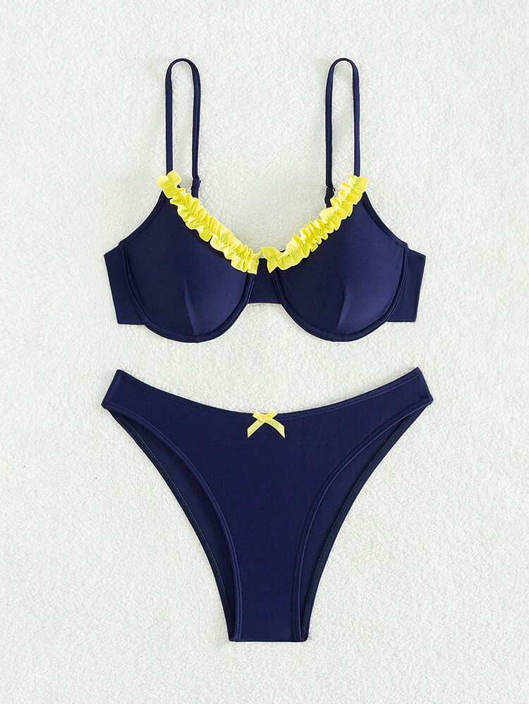 Women Color Block Summer Ruffled Bikini Set