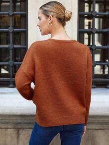 RueChic Solid Drop Shoulder Sweater - Rust Brown - View 3