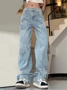 Women's Pocketed Star Applique Washed Long Pants - Light Wash - View 1