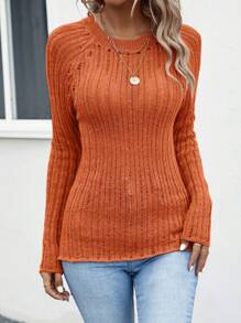 SHEIN LUNE Solid Raglan Sleeve Ribbed Knit Sweater Knit Pullover Fall Winter Outfit - Orange - View 5