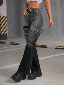 SHEIN ICON 高腰喇叭口洗水牛仔褲 - 黑色 - 查看 6