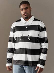 SHEIN Manfinity Homme Loose Fit Men's Plus Size Polo Shirt With Contrast Stripes And Letter Print