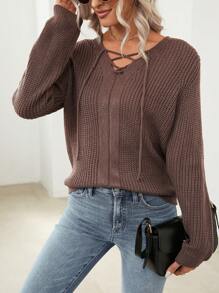 EMERY ROSE 女士系帶前扣式梳肩長袖毛衣 - 棕色 - 查看 1