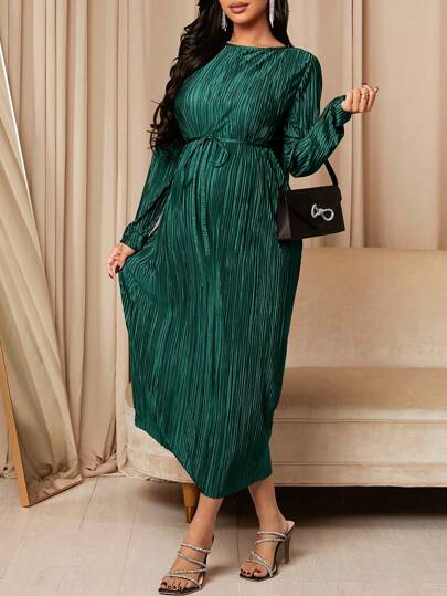 MaterniChic Maternity Round Neck Long Sleeve Belted Dress