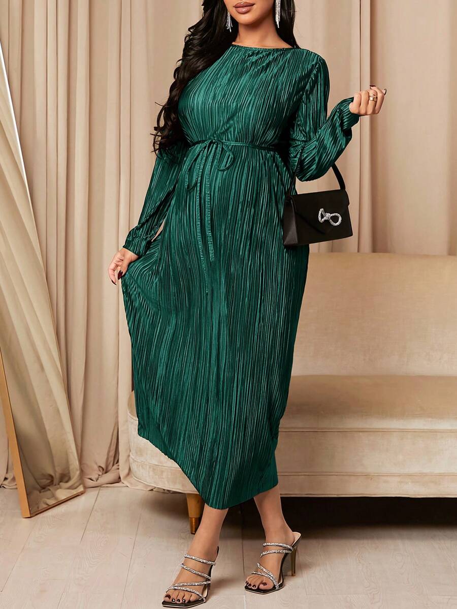 MaterniChic Maternity Round Neck Long Sleeve Belted Dress - Green - View 1