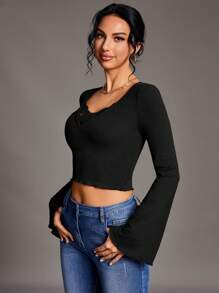 SHEIN Tall Solid Color Lace Patchwork Long Sleeve T-Shirt