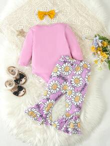 SHEIN 女宝宝字母印花连体衣和花卉喇叭裤套装 - 紫色 - 查看 2