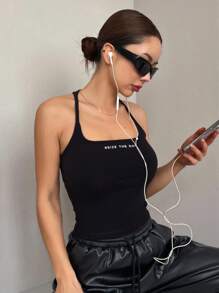 DAZY Áo ba lỗ không tay có họa tiết chữ ở mặt sau Áo ba lỗ kiểu dáng học sinh - màu đen - Xem 6