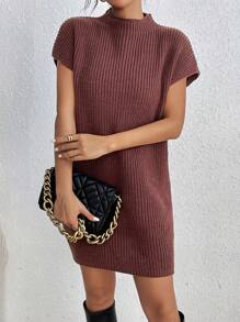 SHEIN Essnce Một nửa Áo cao cổ Dơi Tay áo Đầm Áo len Không có thắt lưng - Màu nâu Sô-cô-la - Xem 6