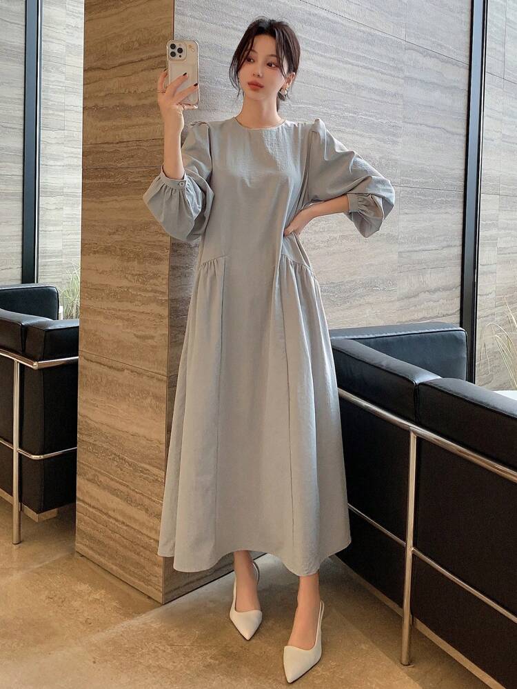 Lantern Sleeve Smock Dress, Fall Clothes Long Sleeve Dress