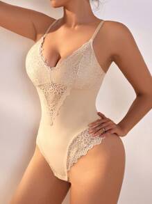 Lace Trim Body Shaper Bodysuit UnderwearOuter - Apricot - View 3