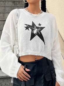 SHEIN EZwear Loose Fit Star And Spider Pattern Drop Shoulder Knitted Sweater - White - View 3