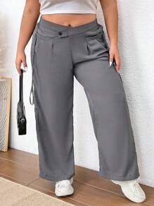 SHEIN CURVE+ Kích thước lớn Màu thuần Quần chân thẳng - Xám - Xem 6