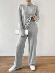 SHEIN Essnce Plain Color Turtleneck Casual 2-Piece Set - Grey - View 5