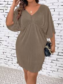 SHEIN Clasi 大尺碼實色v領寬鬆休閒短裙 - 棕色 - 查看 1