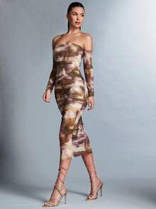 SHEIN BAE Tie-dye Pleated Off Shoulder Dress - Multicolor - View 3