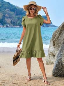 EMERY ROSE Vestido Corto Con Mangas Abullonadas Y Dobladillo Con Volantes - Verde militar - Ver 6