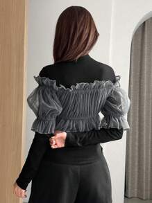 FRIFUL Women's Contrast Mesh Ruffle Hem 2 In 1 T-Shirt Long Sleeve Women Tops - Black - View 2