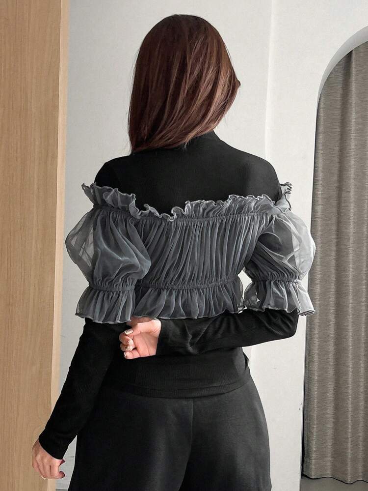 Women's Contrast Mesh Ruffle Hem 2 In 1 T-Shirt Long Sleeve Women Tops