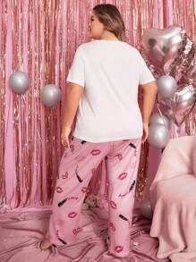 Kích thước lớn Môi & Son môi & Tim & Lá thư In Giải trí Ngắn tay Áo thun Và Quần Trang phục mặc nhà Bộ - Nhiều màu - Xem 3