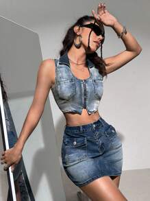 SHEIN ICON 女式露背上衣+牛仔短裙套裝 - 藍色 - 查看 7