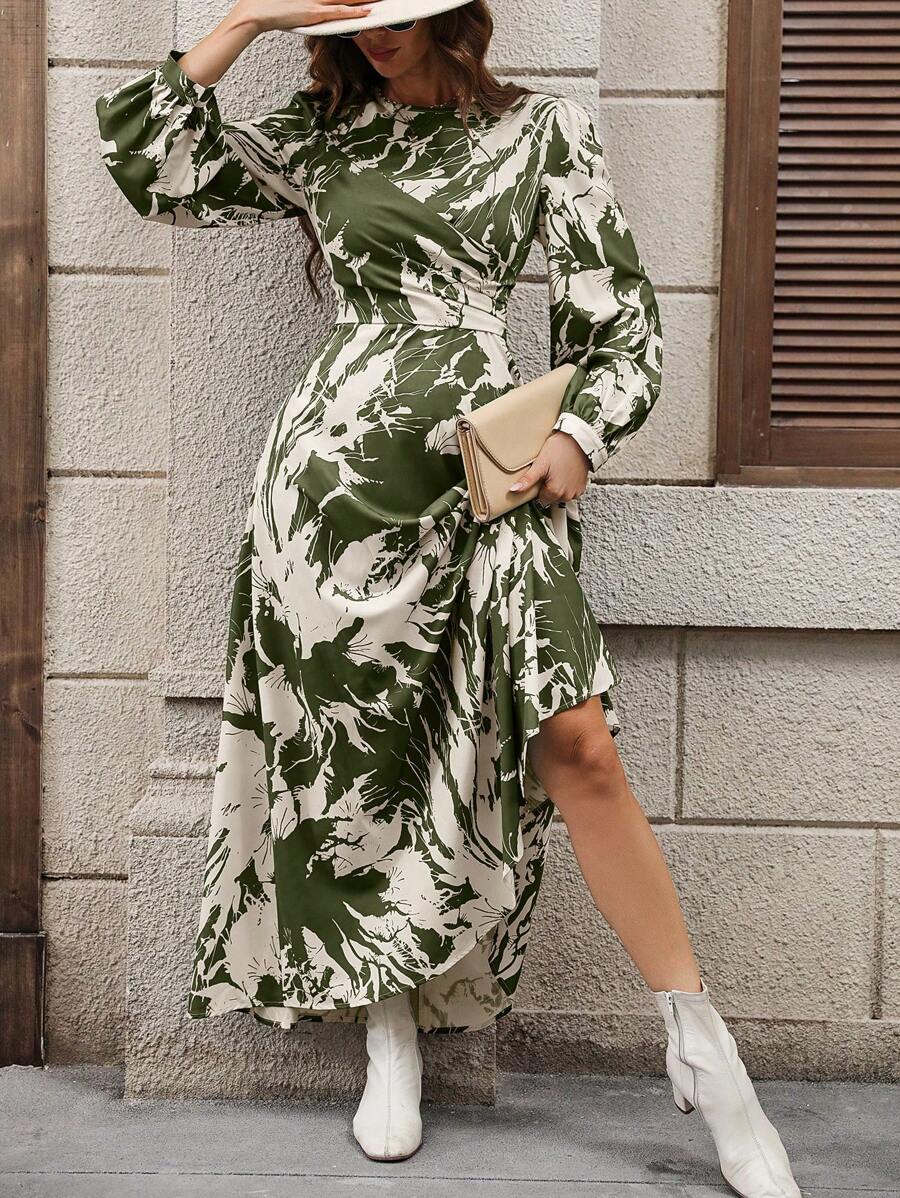 SHEIN Clasi 全身印花燈籠袖連身裙 - 彩色 - 查看 1