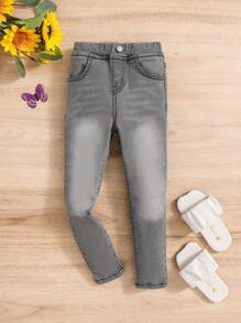 SHEIN 女童口袋牛仔褲 - 淺灰色 - 查看 1