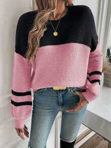SHEIN Essnce Sọc Khối màu Tay áo dài Áo len - Hồng - Xem 6