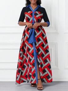 SHEIN Lady 女士幾何圖案印花腰帶襯衫裙 - 彩色 - 查看 1