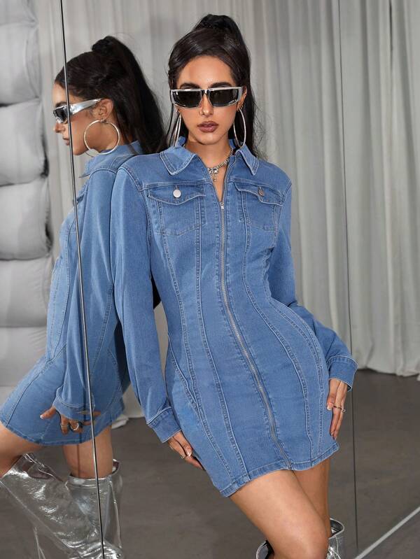 SHEIN ICON Flip Collar Detail Zipper Front Denim Dress for Sale New