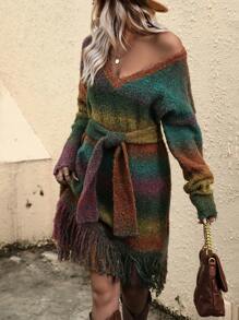 SHEIN LUNE 女士漸變色流蘇邊針織毛衣連衣裙 - 彩色 - 查看 5