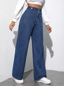 SHEIN Privé Solid Color High Waist Jeans - Dark Wash - View 3