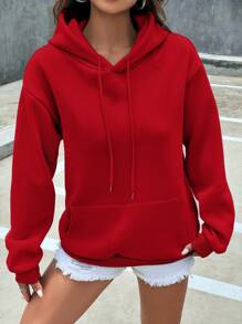 RueChic Sudadera Con Capucha De Forro Polar De Color Sólido Para Mujer Con Cordón - Rojo - Ver 5